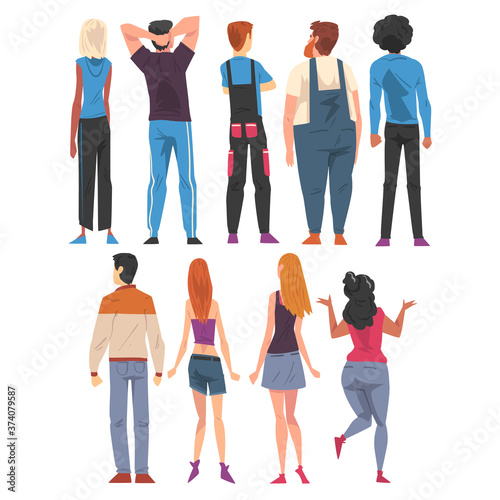 Back View of Young People Set, Guys and Girls Viewed from Behind Wearing Casual Clothes and Looking at Something Cartoon Style Vector Illustration