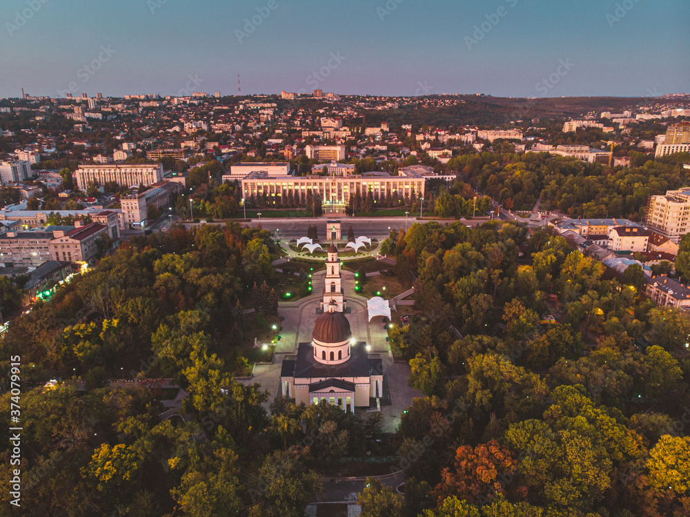 Triumphal Arch and Government building in central Chisinau, Moldova, 2020. Aerial view