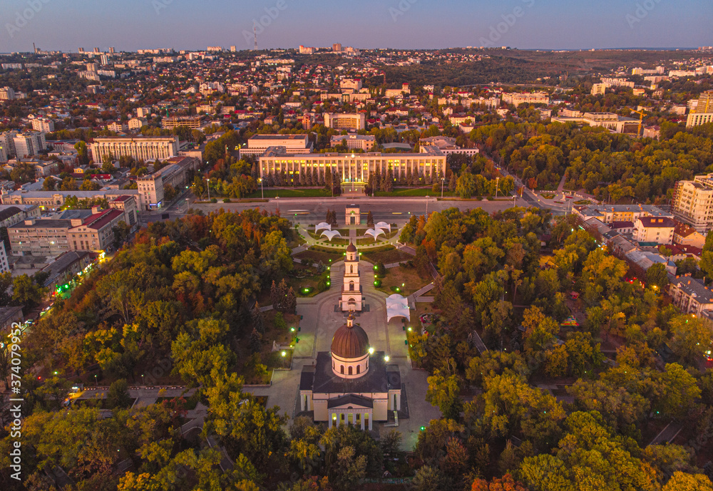 Triumphal Arch and Government building in central Chisinau, Moldova, 2020. Aerial view