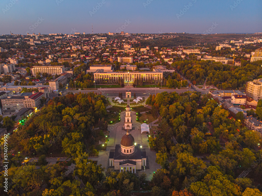 Triumphal Arch and Government building in central Chisinau, Moldova, 2020. Aerial view