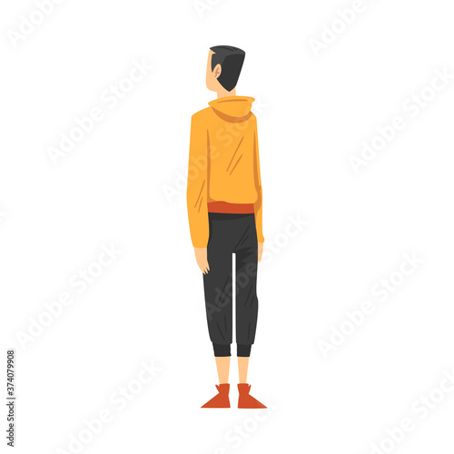 Back View of Boy, Teenager Viewed from Behind Wearing Casual Clothes and Looking at Something Cartoon Style Vector Illustration
