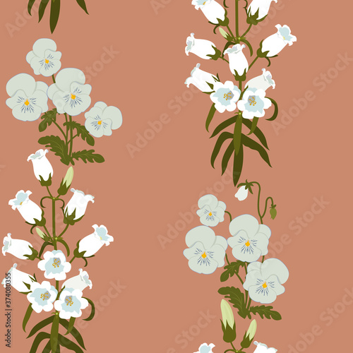 Seamless vector illustration with pansies and campanula.
