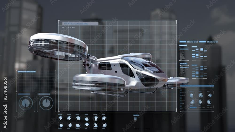 Drone taxi flying between buildings in city with user interface monitoring shot, Future transportation technology, 4k animation.