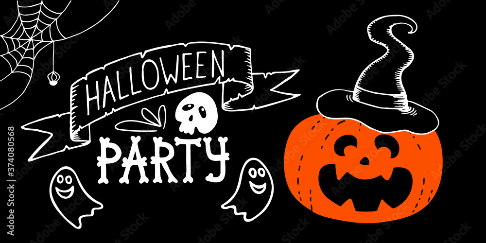 Horizontal halloween party web banner. Header featuring hand drawn orange pumpkin in magic hat spider webs skull ghosts and lettering. Stock vector illustration on black background.