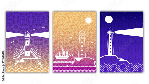 Set of lighthouses. Vector illustration. Beacon.