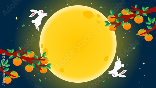 Happy Chuseok (Korean Harvest Mid Autumn Festival) Background vector illustration. Persimmon branch with Full Moon 