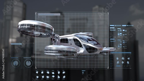 Drone taxi flying between buildings in city with user interface monitoring shot, Future transportation technology, 4k animation.