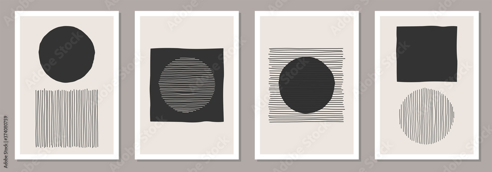 Trendy set of abstract creative minimalist artistic hand drawn compositions