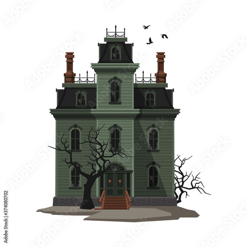 Scary Gothic House, Halloween Haunted Mansion with Birds Flying Around Vector Illustration on White Background