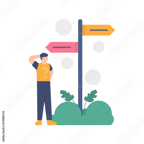 concept of choice, getting lost, brainstorming. illustration of a man standing in front of a road sign to find the right path. design. can be used for elements, landing pages, UI, websites.