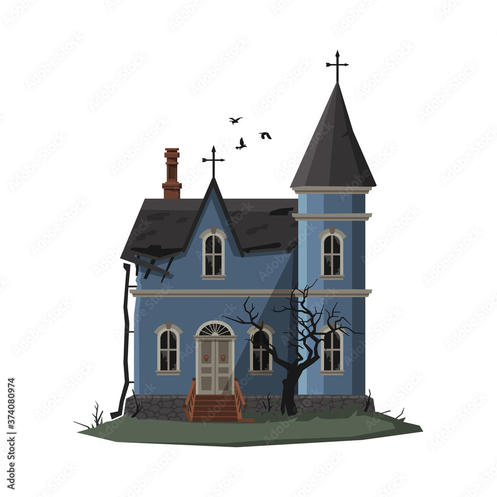 Scary Church Building, Halloween Haunted House with Crosses on Top of Roof Vector Illustration on White Background