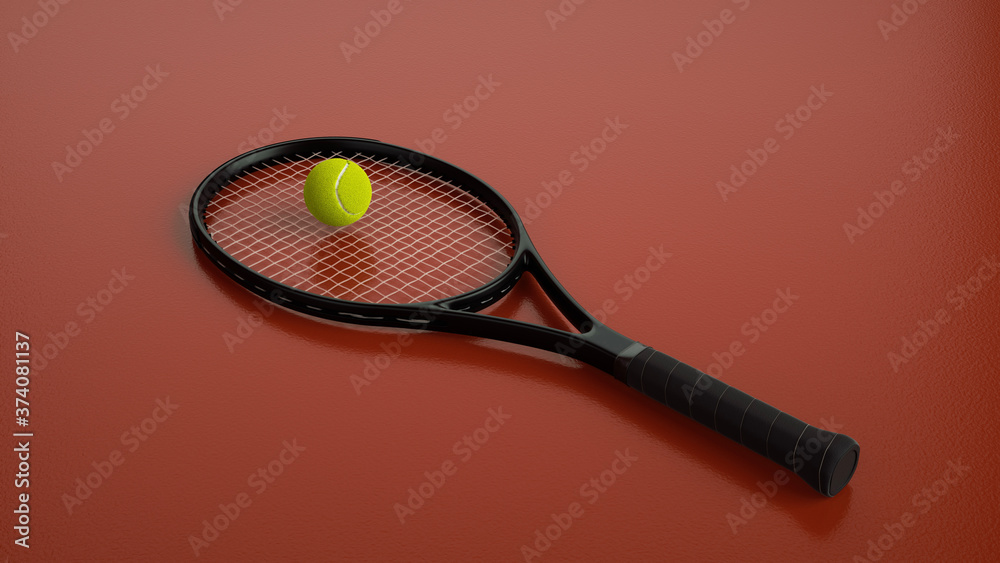 Tennis Racket And Ball On Red (Orange) Background. Tennis Background - 3D Illustration 
