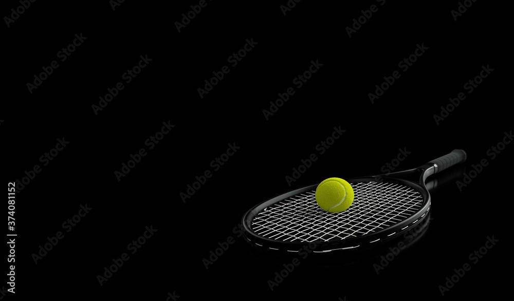 Tennis Racket And Ball Isolated On The Black Background - 3D