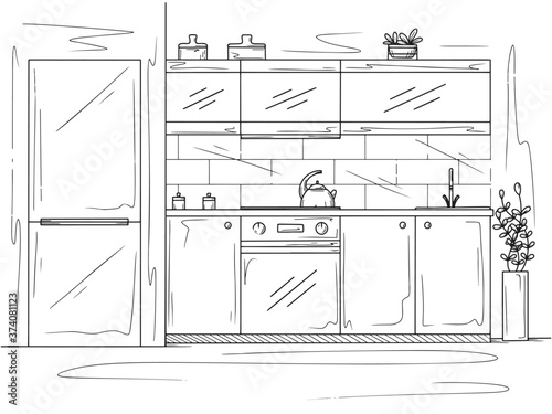 Kitchen furniture. Vector illustration in sketch style