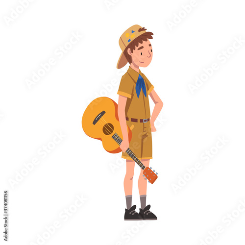 Scout Boy with Guitar, Scouting Kid Character Wearing Uniform and Neckerchief, Summer Camp Activities Vector Illustration