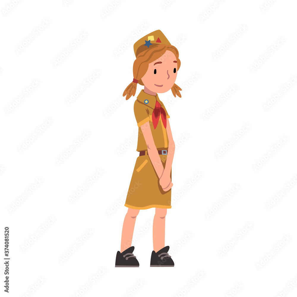 Cute Redhead Scout Girl, Scouting Kid Character Wearing Uniform and Red Neckerchief, Summer Camp Activities Vector Illustration Cute Redhead Scout Girl, Scouting Kid Character Wearing Uniform and Red Neckerchief, Summer Camp Activities Vector Illustration