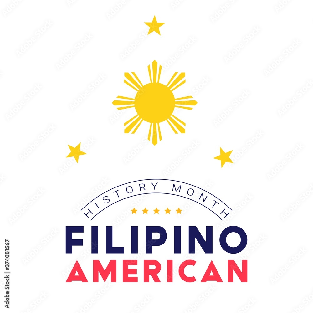 Fototapeta premium Filipino American History Month - October - square vector banner template with a sun and stars above the text on white background. Tribute to contributions of Filipino Americans to world culture