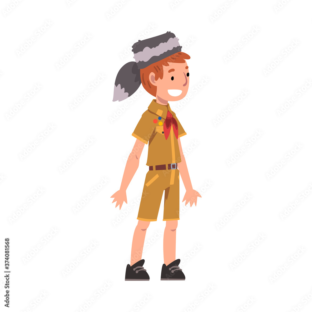 Cute Smiling Scout Boy, Scouting Kid Character Wearing Uniform, Neckerchief and Coonskin Cap, Summer Camp Activities Vector Illustration