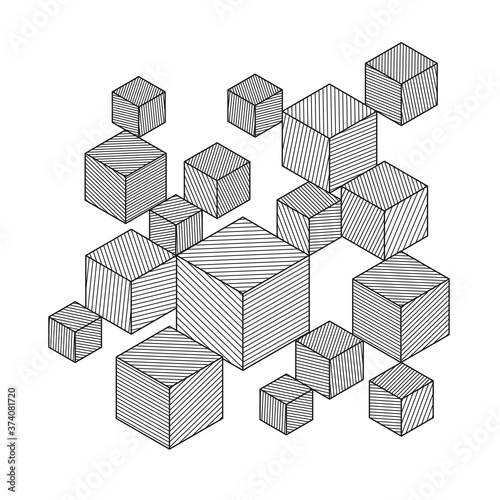 Abstract geometric pattern. Cubes with decorative hatching.