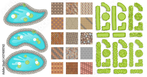 Set of park elements. (Top view) Collection for landscape design, plan, maps. (View from above) Green fence, paving, ponds.