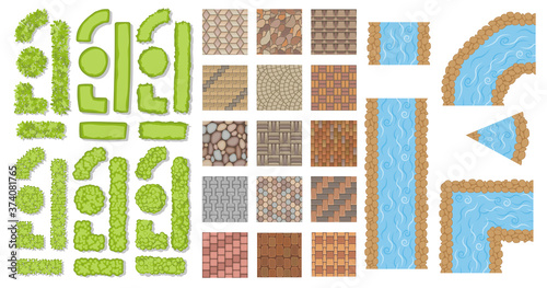 Set of park elements. (Top view) Collection for landscape design, plan, maps. (View from above) Green fence, stream, river, paving.
