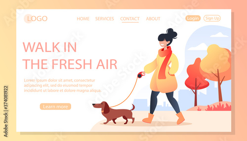 Woman walking her happy dog in autumn park, pet care concept, dachshund dog. Vector illustration for web site page