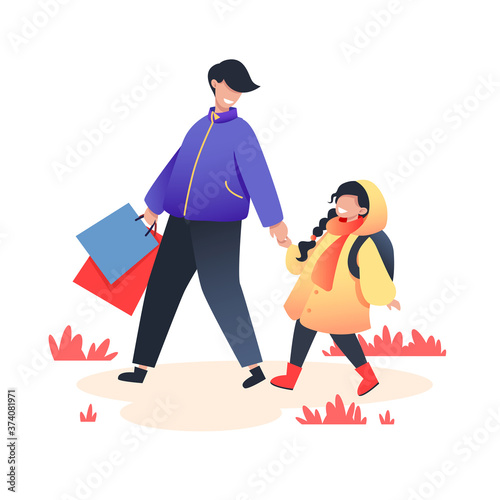 Father holding daughter by the hand, autumn walk in warm clothes, vector illustration in flat style