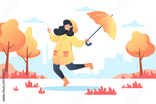 Happy woman in a yellow raincoat with an umbrella in her hands walks in the autumn park. Vector illustration for web design