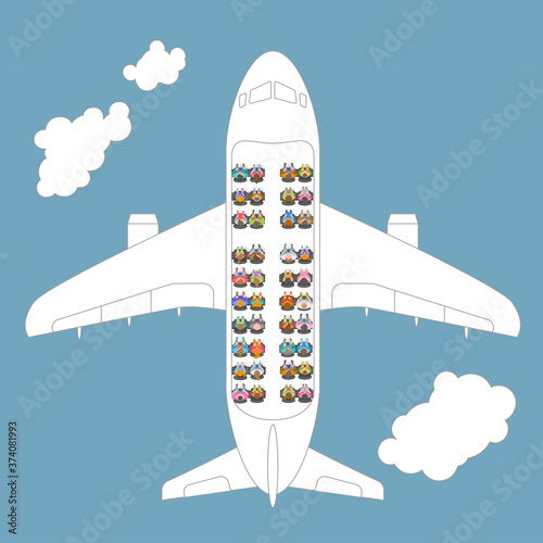 Passengers are sitting on the plane. Top view.