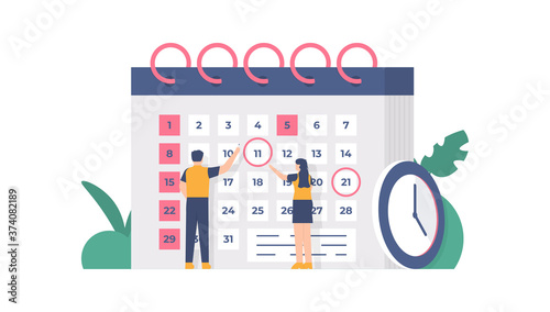 the concept of scheduling and planning, time management. illustration of a team discussing in front of the calendar. flat design. can be used for elements, landing pages, UI, websites.