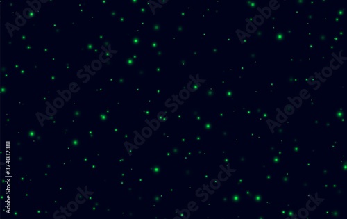 Green sparkles on a dark blue background, fireflies flying in the night. Abstract lightning bugs in the evening sky. Glowing stardust light effect. Vector backdrop.