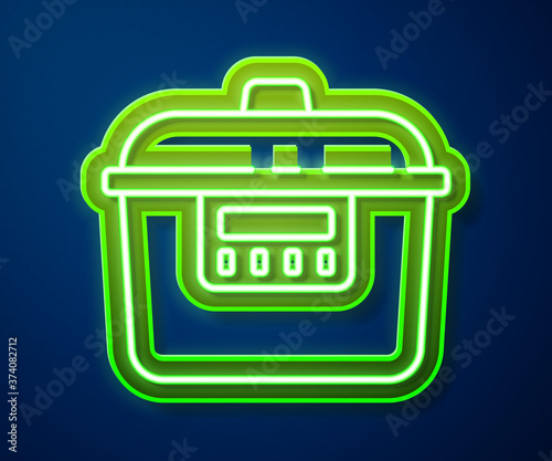 Glowing neon line Slow cooker icon isolated on blue background. Electric pan. Vector.