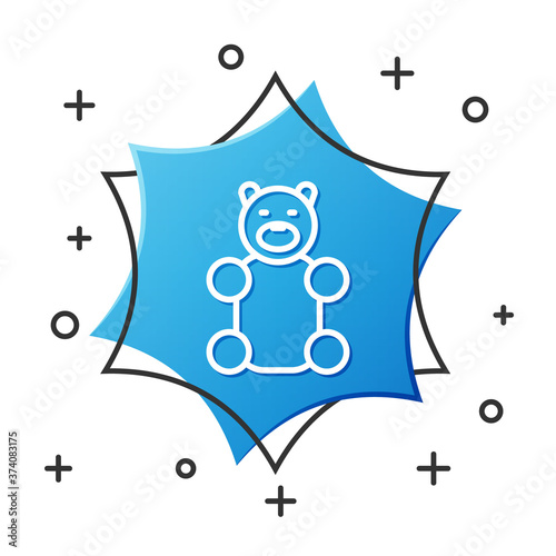 White line Jelly bear candy icon isolated on white background. Blue hexagon button. Vector.