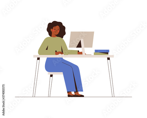 Happy freelancer female is working remotely and using the computer. African businesswoman and entrepreneur is at the workplace. Concept of freelance and remote occupation. Vector illustration.