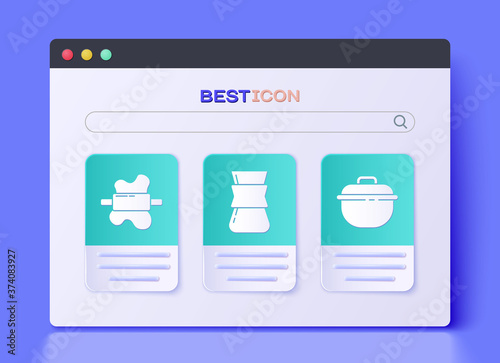 Set Coffee turk, Rolling pin on dough and Cooking pot icon. Vector.
