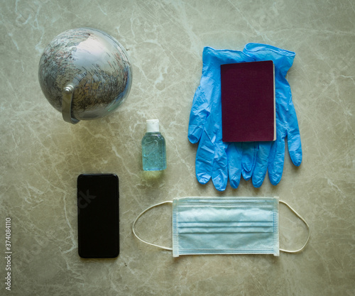 kit to travel safely and not to make the coronavirus grow - social responsability concept