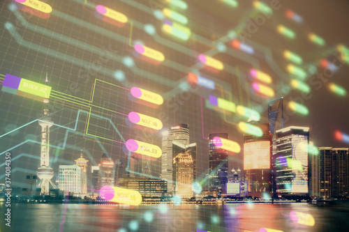 Data theme hologram drawing on city view with skyscrapers background double exposure. Ai concept.