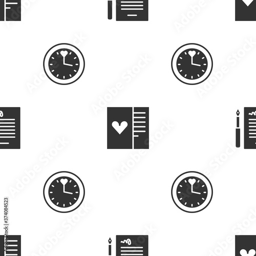 Set Marriage contract, Postcard with heart and Clock on seamless pattern. Vector.