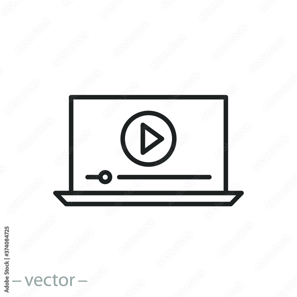 webinar on a laptop, icon, play video learning, online distance training, thin line symbol on a white background, editable stroke vector illustration eps10 webinar on a laptop, icon, play video learning, online distance training, thin line symbol on a white background, editable stroke vector illustration eps10