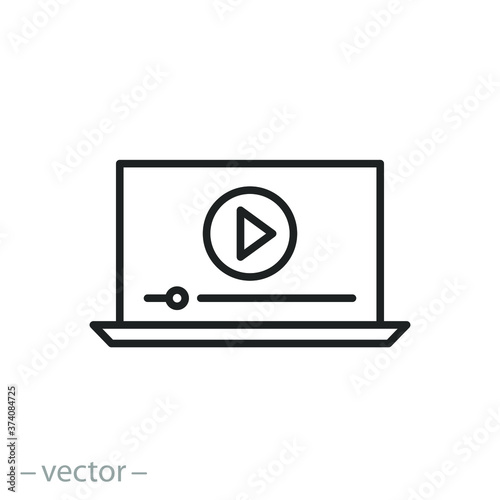 webinar on a laptop, icon, play video learning, online distance training, thin line symbol on a white background, editable stroke vector illustration eps10