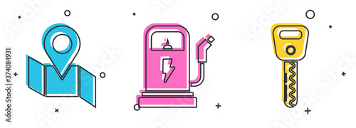 Set Folded map with location marker, Electric car charging station and Car key icon. Vector.
