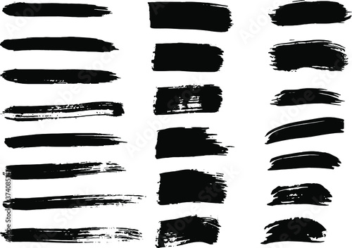 Vector Brush. Set of Black Ink Strokes. Grunge Dirty Stylish Elements. Vector Paintbrush Ink. Modern Textured Shapes. Freehand Artwork. Distressed Banner. Geometric Shapes. Black Brush Elements.