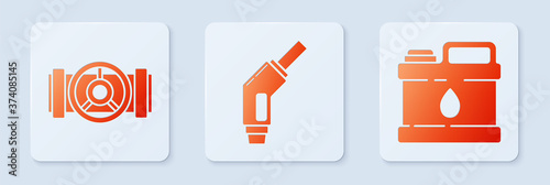 Set Gasoline pump nozzle, Industry metallic pipes and valve and Canister for motor machine oil. White square button. Vector.
