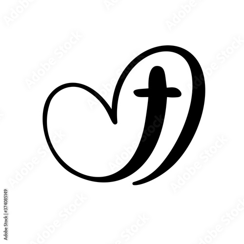 Template vector logo for churches and Christian organizations cross on the heart. Religious calligraphy sign emblem cross and heart. Minimalistic illustration