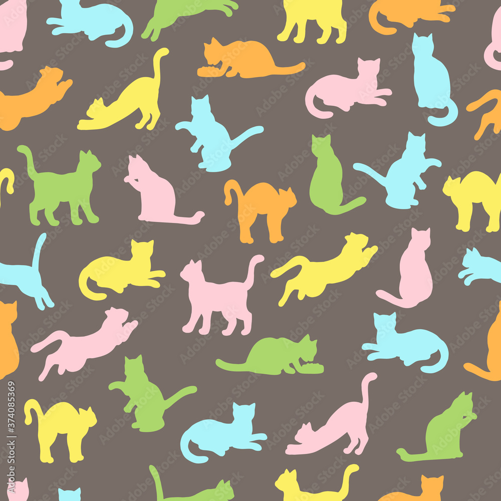 Seamless pattern with multi-colored cat silhouettes