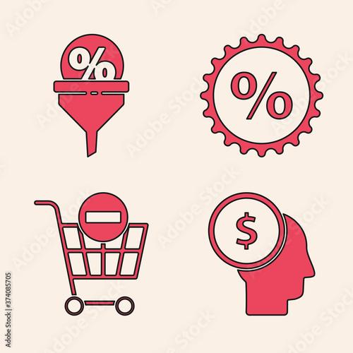 Set Business man planning mind, Lead management, Discount percent tag and Remove shopping cart icon. Vector.