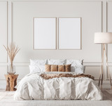 Mockup frame in contemporary bedroom design, bight home decor, 3d render