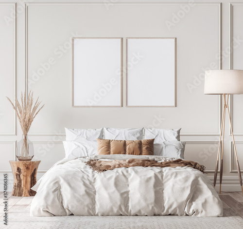 Mockup frame in contemporary bedroom design, bight home decor, 3d render