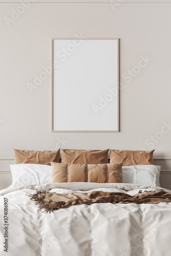 Mockup frame in contemporary bedroom design, bight home decor, 3d render