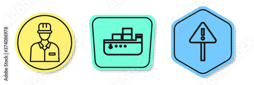 Set line Oilman, Oil tanker ship and Exclamation mark in triangle. Colored shapes. Vector.